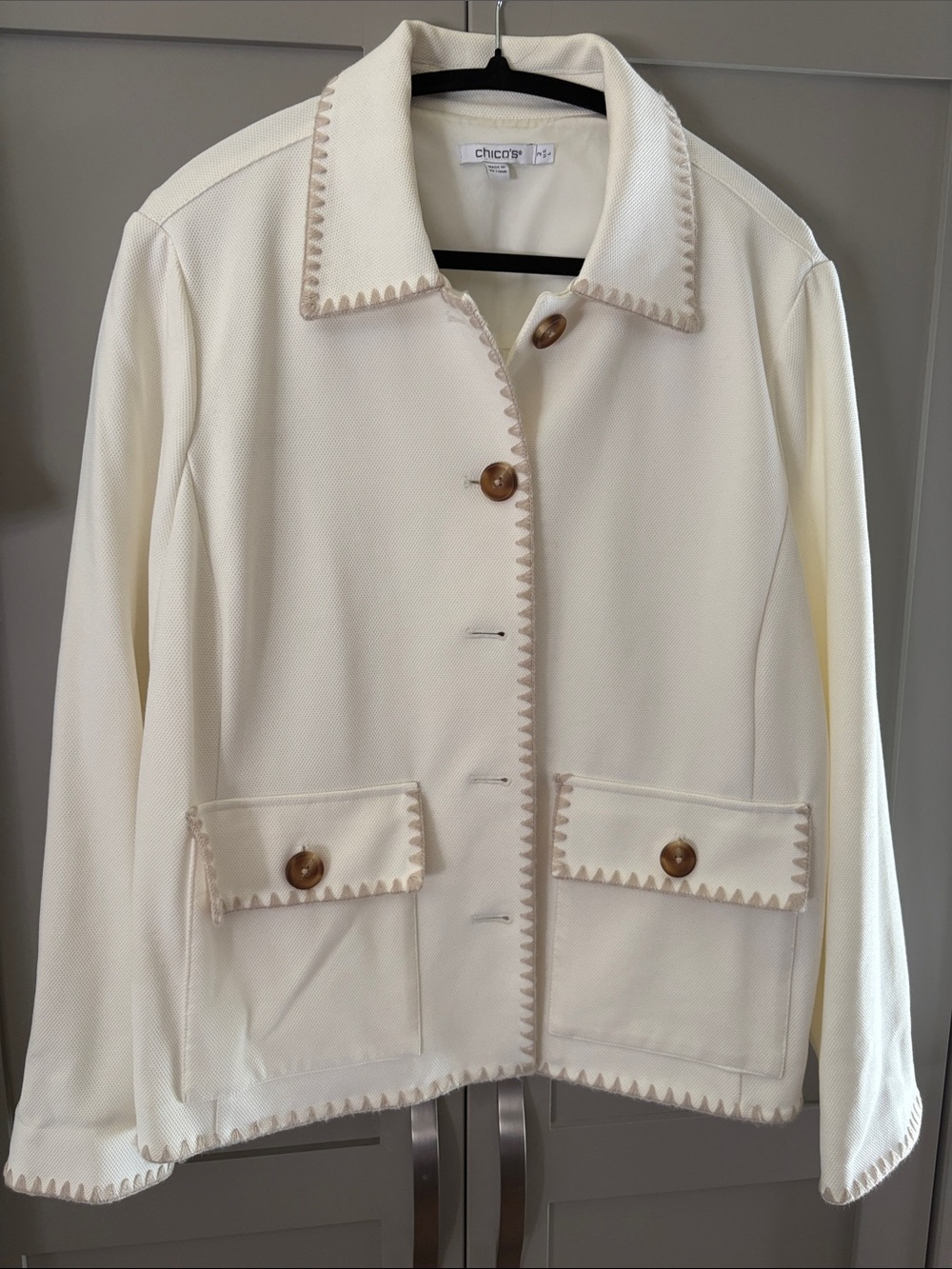 Chico's Cream Jacket with Zigzag Trim and Wood Buttons